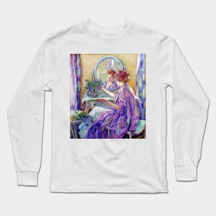 Woman in Violet Kimono Arranging Purple Flowers At A Table and Mirror, Robert Reid 1910 Long Sleeve T-Shirt